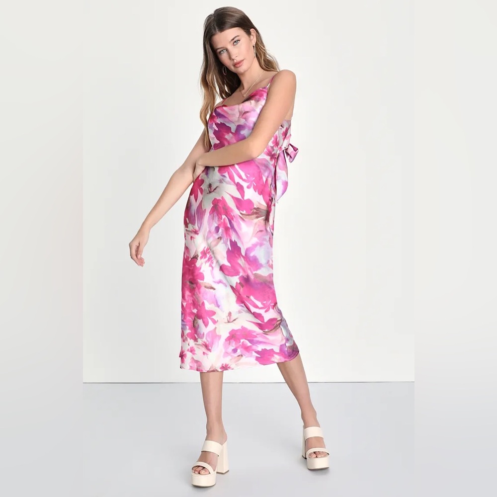 Sophisticated Sense Pink Floral Tie-Back Slip Midi Dress